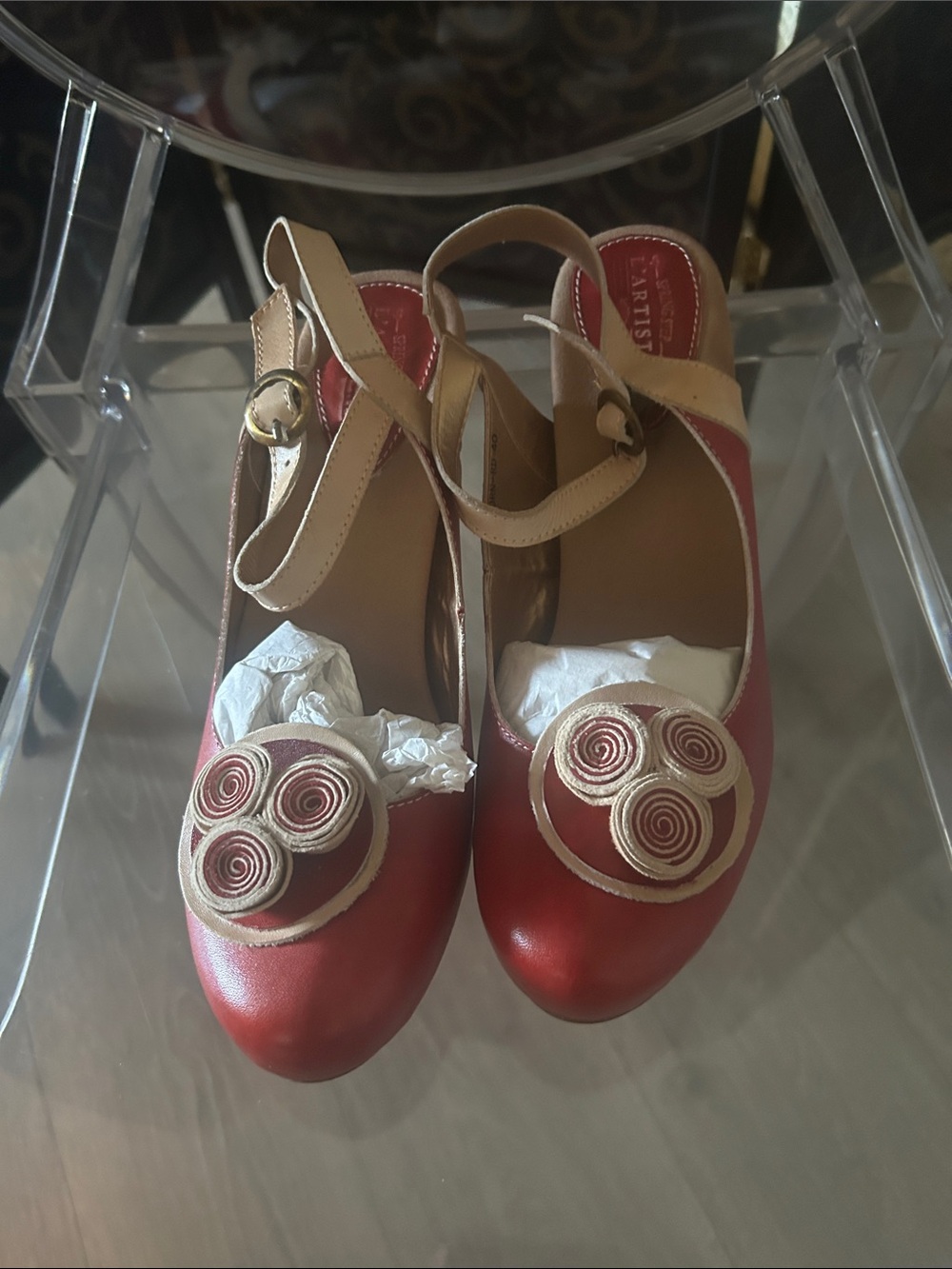 LArtiste Red and Beige Rosette Slingback Pumps